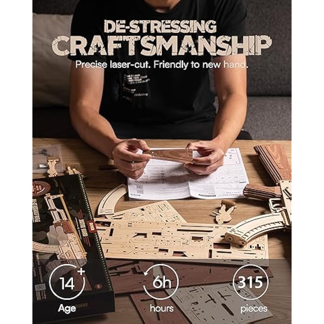 ROKR 3D Wooden Model Kits for Adults Toys with Rubber Bands, 3D Puzzle Model Kits to Build Mechanical Building Construction, Gifts for Teen and Adults