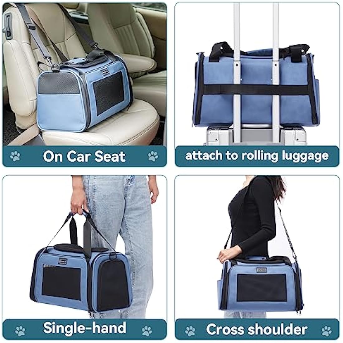 PETSFIT Cat Carrier Large with Extendable Fleece Pet Mat, Soft Cat Carrier Airline Approved with Safety Leash for Pets Up to 12 Lbs (44 * 26.5 * 27CM, Blue)