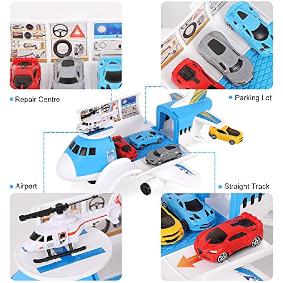 Shayson Transport Cargo Airplane Car Toy Play Set for Boys and Girls Ages 3 and Up - Includes 4 Cars, 1 Helicopter, Kids DIY Preschool Toy Gift