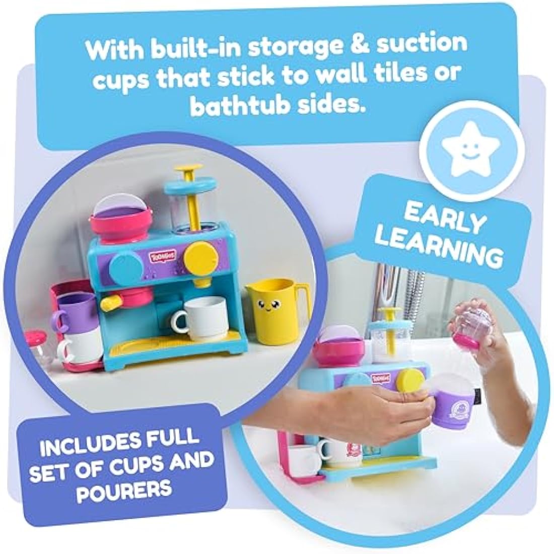 Toomies Bath Barista - Pretend Cafe Baby Bath Toys - Wall Mounted Bubble Bath Play Kitchen Toddler Toys - Kids Kitchen Set Includes 3 Cups, 1 Jug, 1 Shaker - +18 Months Boys Toys & Girls Toys