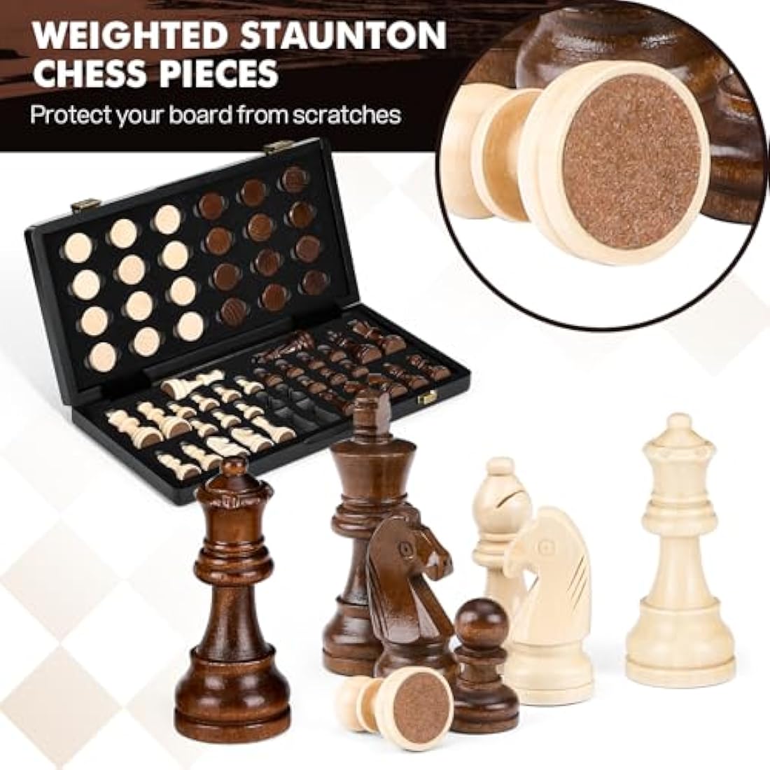 Peradix Chess Set and Draughts Board Games 2 in 1 Set | 15" Magnetic Foldable Wooden Chess Checkers Board | 2 Extral Queen | Educational Toy Set for Adults and Kids (PUZ-39)