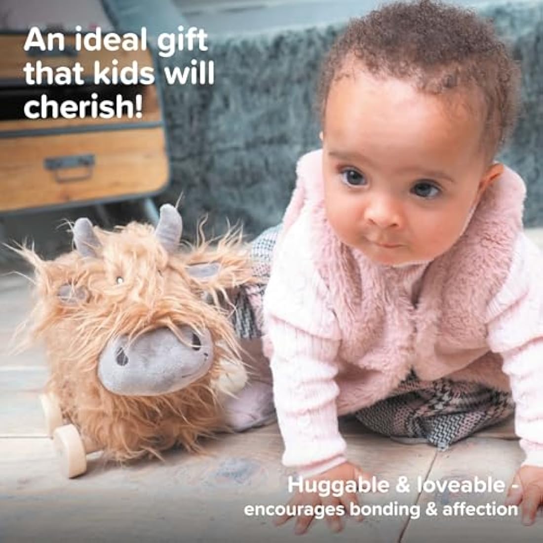 Little Bird Told Me - Hubert Highland Cow Pull Along Toy for Baby 6+ Months Unisex - 2-in-1 Soft Toy, Removable Wheels, Sensory Plush Fabric - British Brand Since 2007