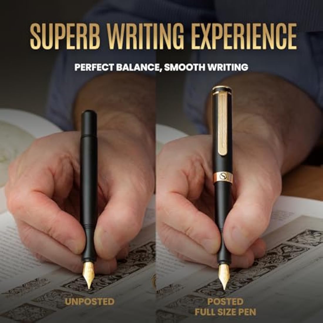 Scriveiner Luxury EDC Fountain Pen (Fine), Stunning Black Pocket Pen, Real Gold Plating, Schmidt Gilded Nib, Converter, Best Writing Pen Gift Set for Men & Women, Nice Fancy Office Designer Pen
