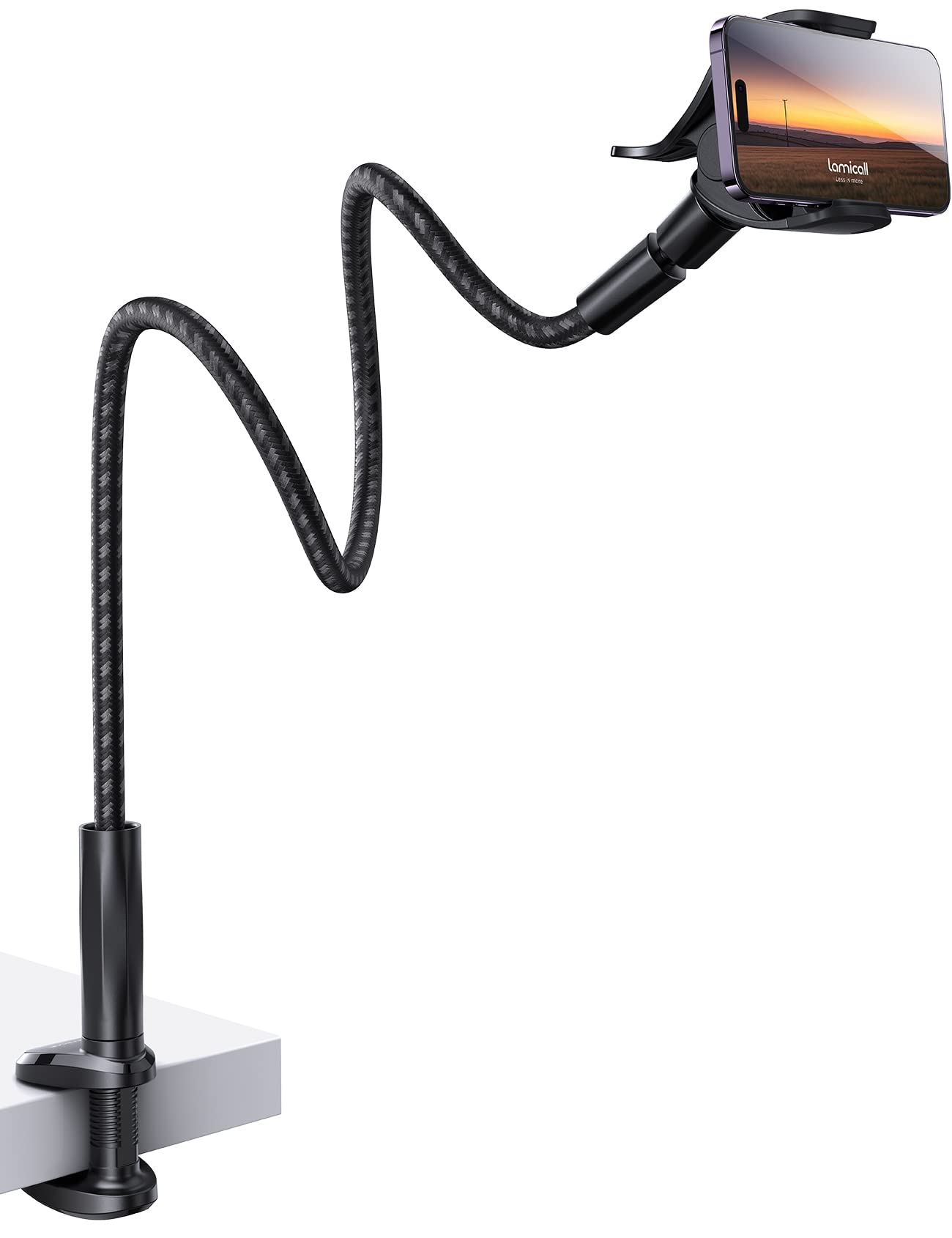 Lamicall Gooseneck Phone Holder Bed - [Upgrade Nylon Braid] 38? Long Flexible Lazy Arm, 360 Adjustable 80 mm Mount Clamp Base for iPhone 17 16 15 14