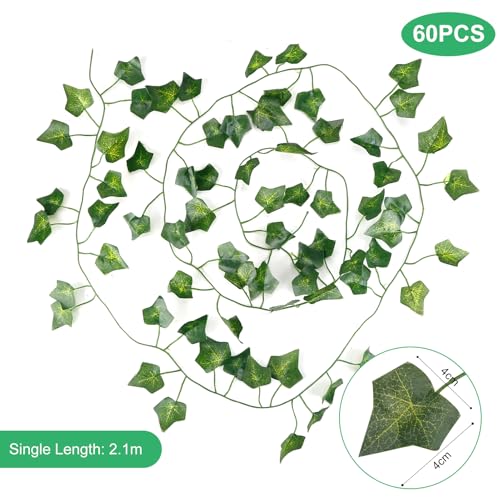DazSpirit 60Pcs Artificial Ivy Leaf Garland, 126m Artificial Ivy Vines, Fake Vines, Fack Leaves Hanging Plants, for Wedding, Party, Home, Garden,