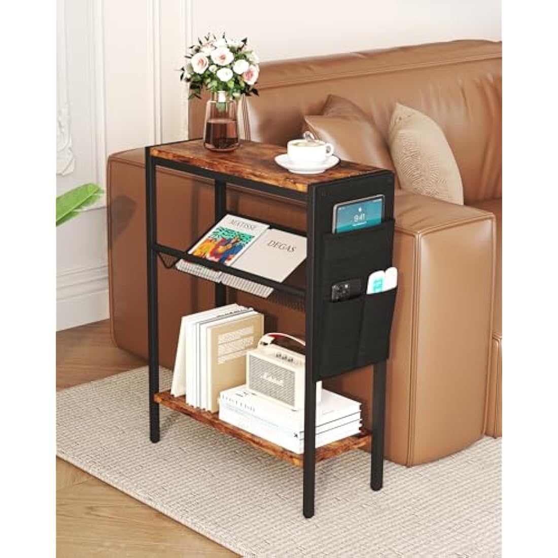 Yusong Small Narrow Side Table for Small Spaces, Slim End Table with Storage Bag, Sofa Snack Table with Adjustable Metal Mesh, 3 Tier Accent Skinny Beside Table for Living Room & Bedroom, Rustic Brown
