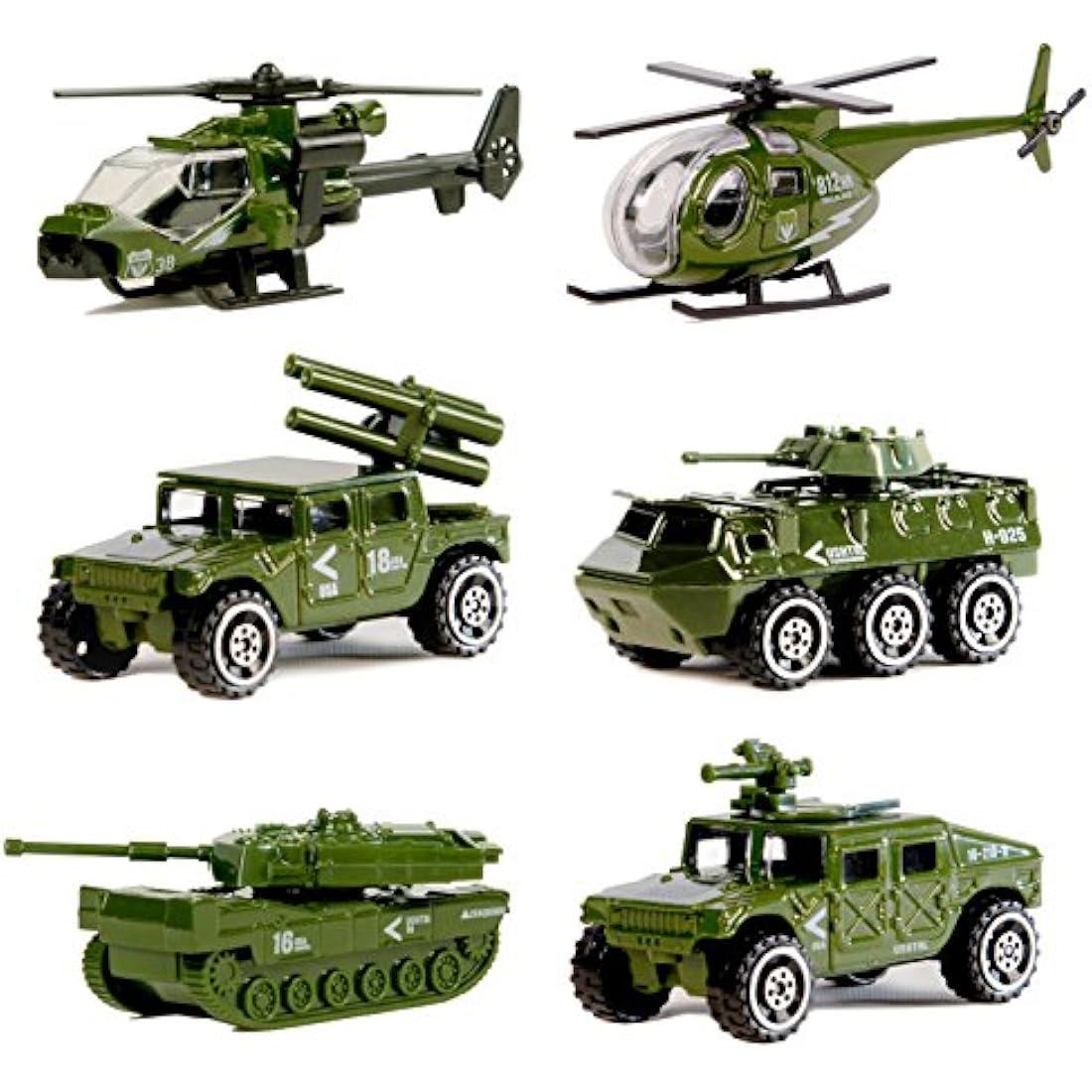 Nunki Toy Die-cast Metal Military Vehicles Playset,6 Pack Assorted Army Vehicle Alloy Models Car Toy, Mini Army Toy Tank,Jeep,Panzer,Anti-Air Vehicle,Helicopter for Kids Toddlers Boys
