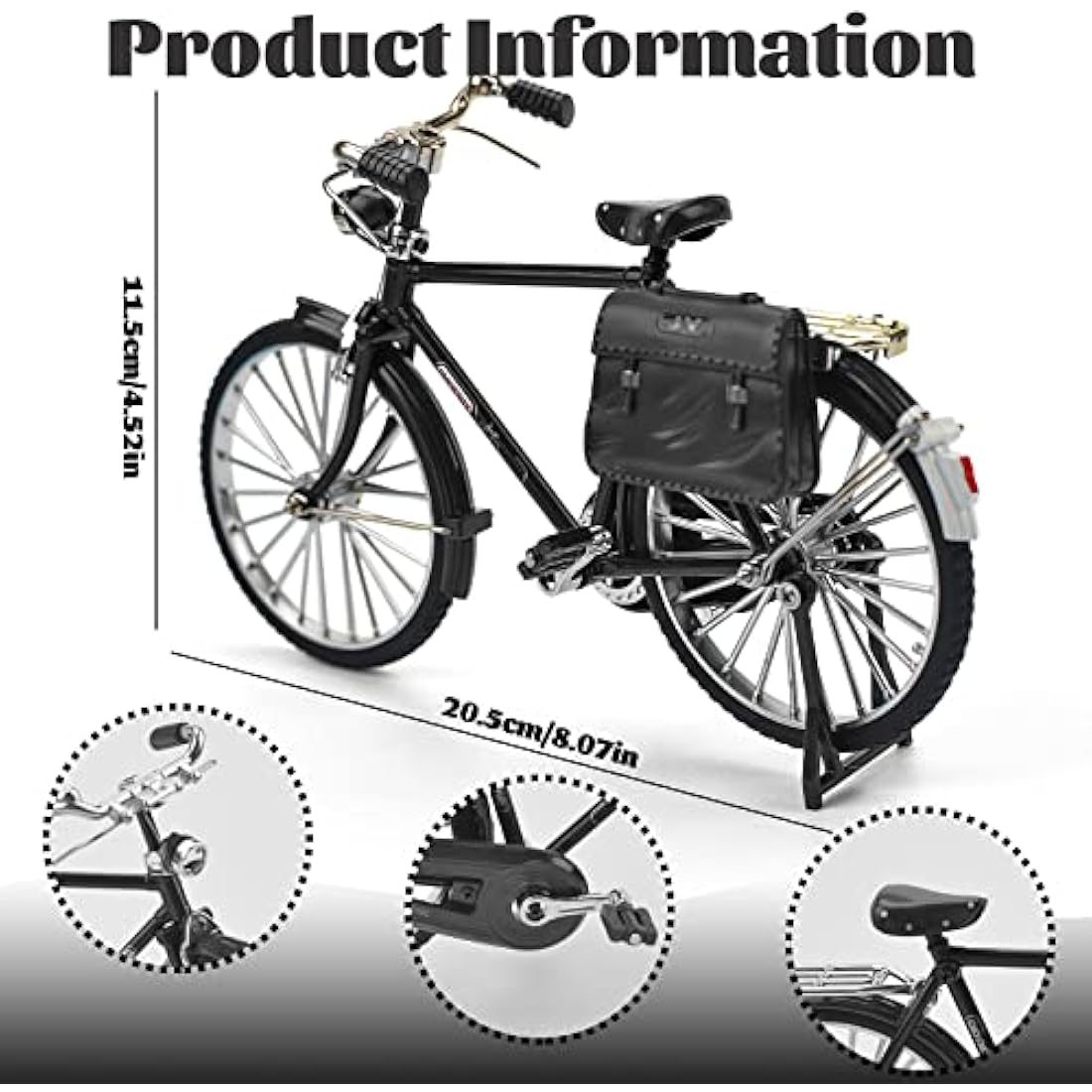 1PCS Retro Bicycle Model Ornament for Kids, 51 Pcs Simulation Mini Bike Model Scale Kit with Inflator & Briefcase, 1:10 Creative Iron Art Tabletop Ornament Toys for Gifts Home Office Decor (BLACK)