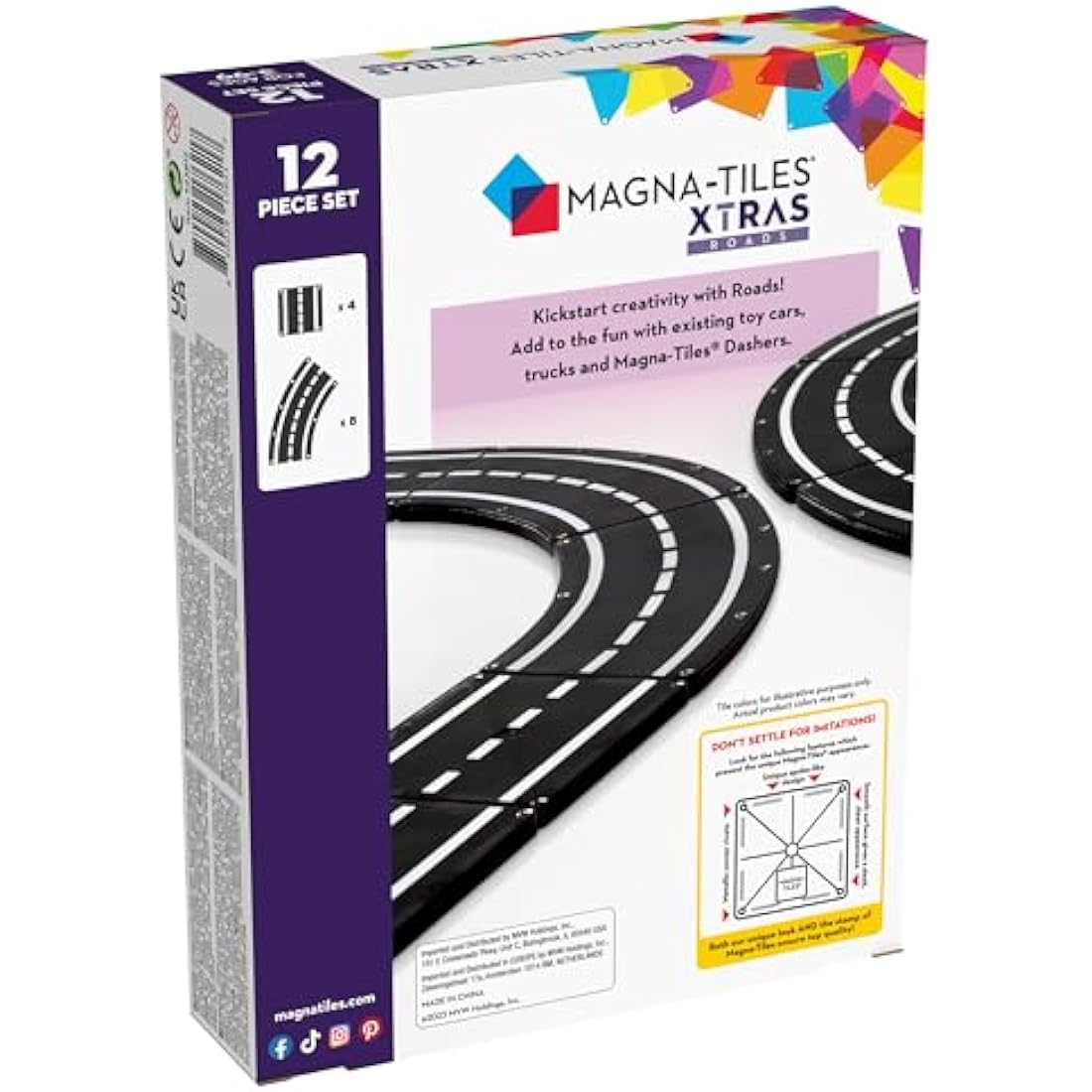 MAGNA-TILES XTRAS: Roads 12 Piece Magnetic Construction Set, The ORIGINAL Magnetic Building Brand, Black