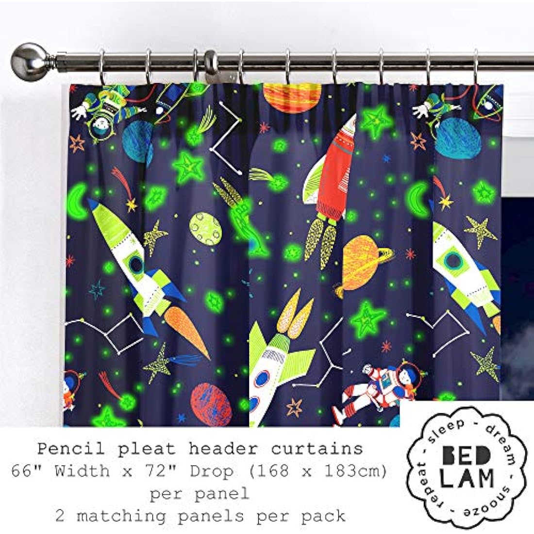 Bedlam - Supersonic - Glow In The Dark Lined Pencil Pleat Curtains - 66" Width x 72" Drop (168 x 183cm), Blue