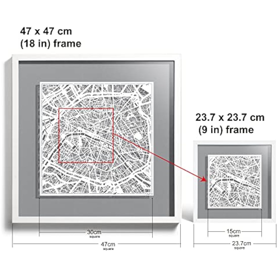 O3 DESIGN STUDIO Paris Paper Cut Map framed, White map, White frame, 9x9 inches, Gift Boxed, 4 background color, self-changing, Paper Art