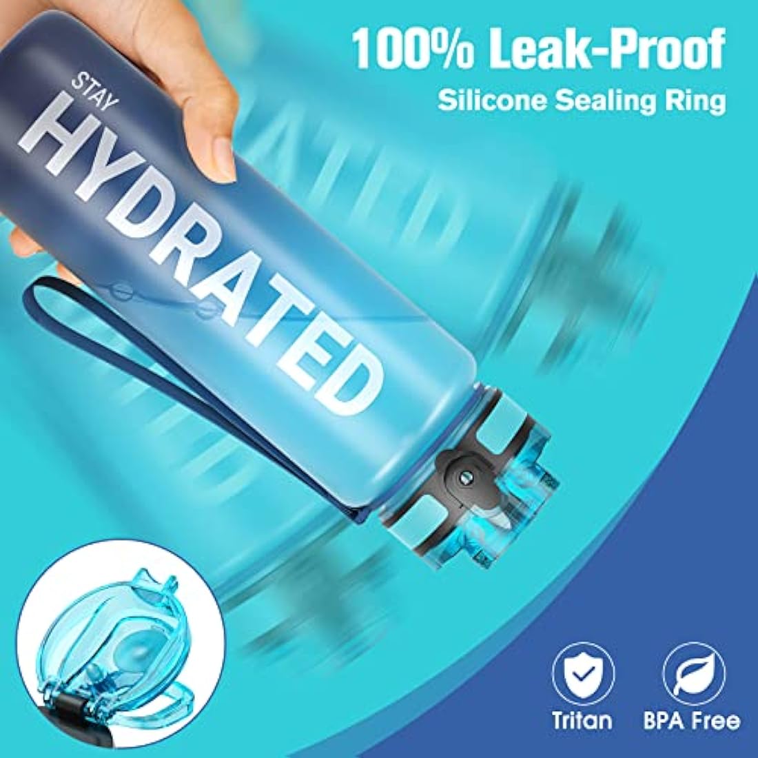 Sahara Sailor Leakproof Water Bottle 1L/500ML/750ML, Tritan BPA Free Motivational Sport Drinks Bottle with Clear Time Marker, Lock Cover, Easy Clean Brush, Durable for Gym, School, Cycling (1 Bottle)