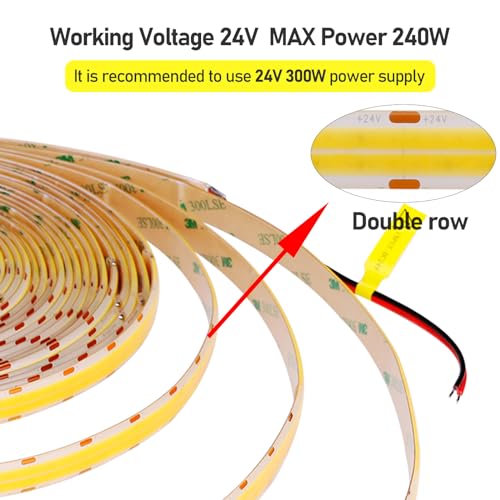 GOMING 32.8ft(10M) DC 24V Double Row COB LED Strip Light Cool White 6000K IP65 Waterproof 6000LEDs CRI 93+ 20000lm Uniform Glow Dotless Flexible LED