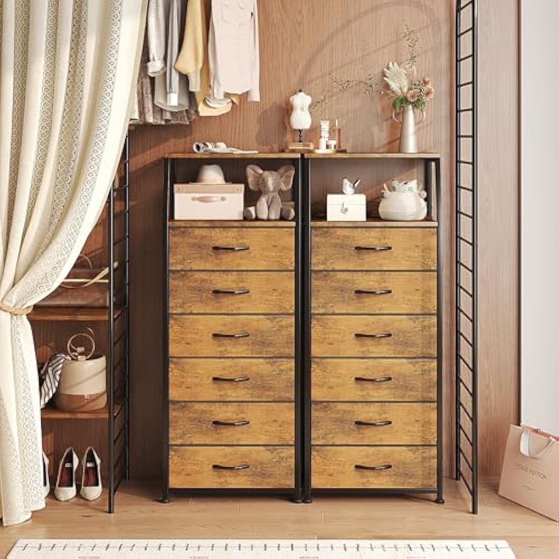 CAIYUN Chest of Drawers Bedroom with 6 Drawers, Tall Fabric Dresser with Shelf, Fabric Dresser for Entryway Hallway Living Room, Closet Storage Drawer, Rustic Brown