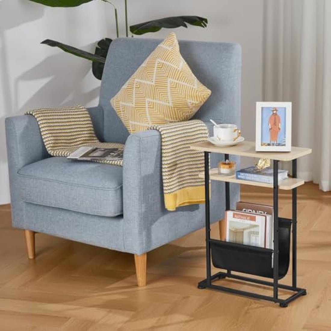 ZEXVIDA Small Side Table for Small Spaces - Slim End Table with Magazine Holder - 2 in 1 Narrow End Table Living Room - Skinny Bedside Table Nightstand Bedroom Thin Side Table (Oak)