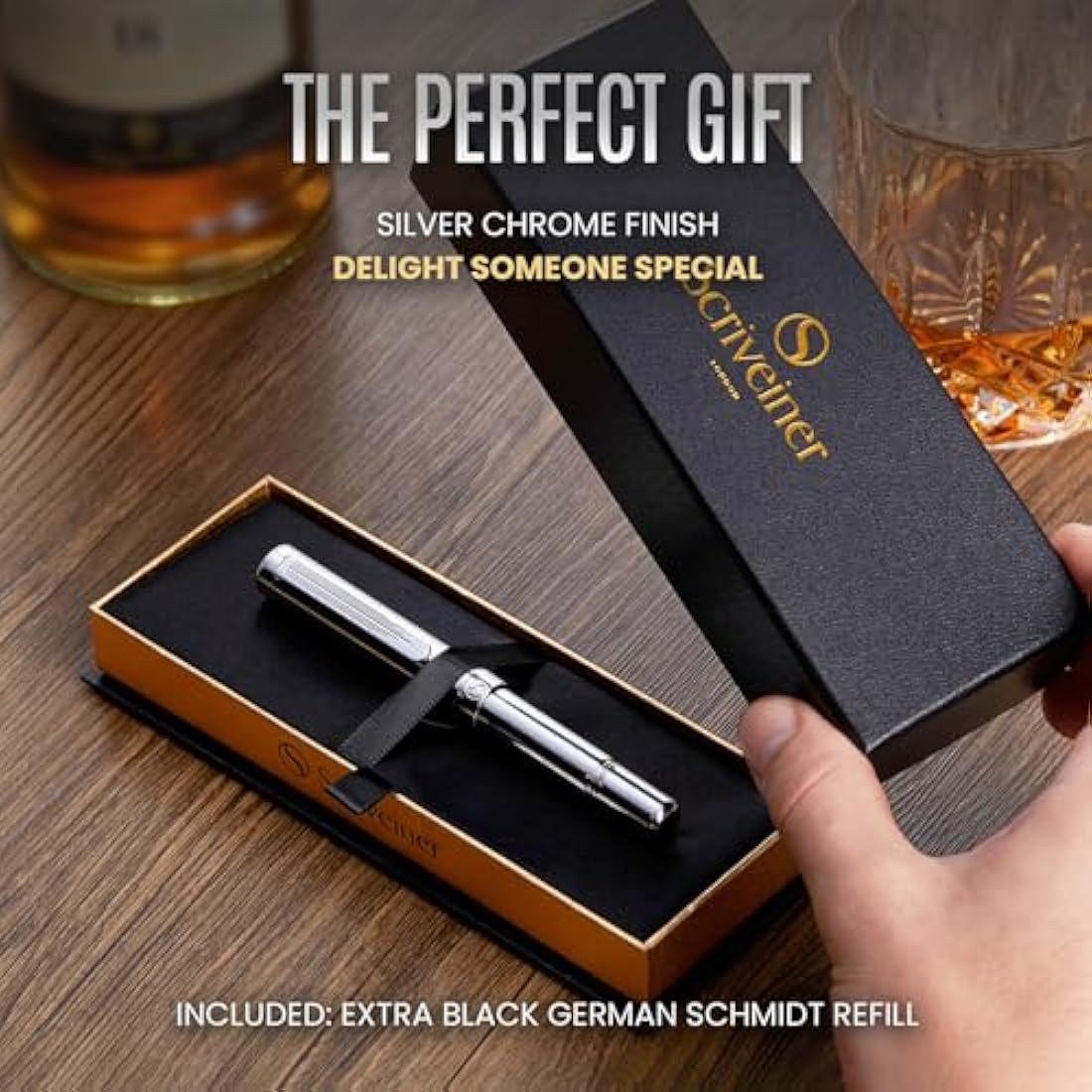 Scriveiner Silver Chrome Rollerball, Award Winning Luxury Pen, Heavy Pocket Pen with Chrome Finish, German Schmidt Refill, Best EDC Writing Pen Gift Set for Men & Women, Nice Designer Office Fancy Pen