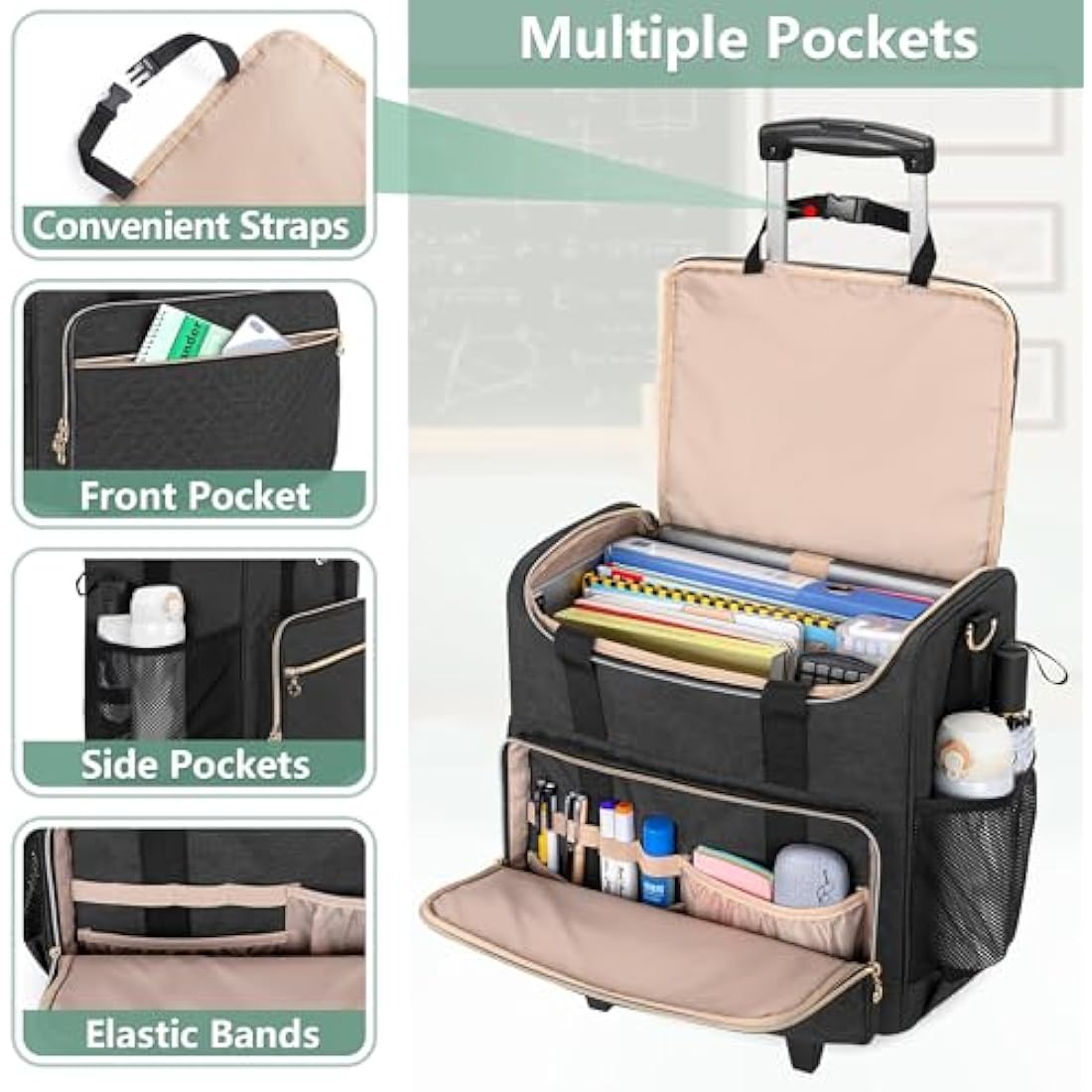 Luxja Rolling Teacher Bag with Laptop Compartment and Detachable Dolly, Multifunctional Rolling Teacher Tote Bag (Bag Only), Black