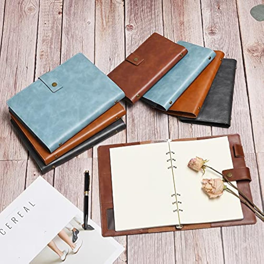 WONDERPOOL Leather Diary Refillable Notebook Spiral Journal Binder Portfolio - A5 Dot Grid Paper & Inner Pockets for Travel Work and Personal Organizer (Lake Blue, A5)