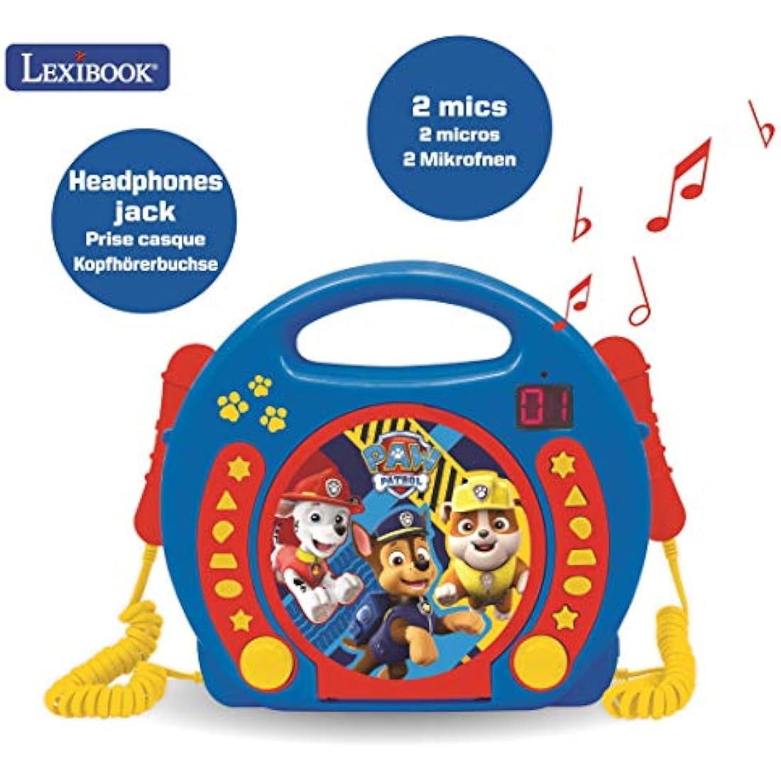 Lexibook, Paw Patrol, Portable CD player with Microphones, Music Player, Repeat and Programming, Karaoke, Headphones jack, Blue, RCDK100PA