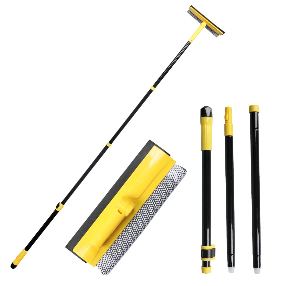 MULING Long Handle Window Squeegee,2-in-1 Glass Squeegee Have 63" Adjustable Soft Rubber Blade & 10" Absorbent Sponge Head for Car Windshield, Gas