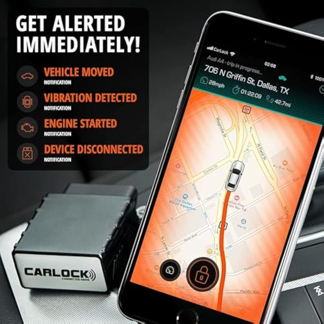 CARLOCK Anti Theft Car Device - Real Time UK 4G LTE Car GPS Tracker & Car Alarm System Security - OBD & Phone App - Auto Van Vehicles Tracking & Instant Alert of Suspicious Behavior