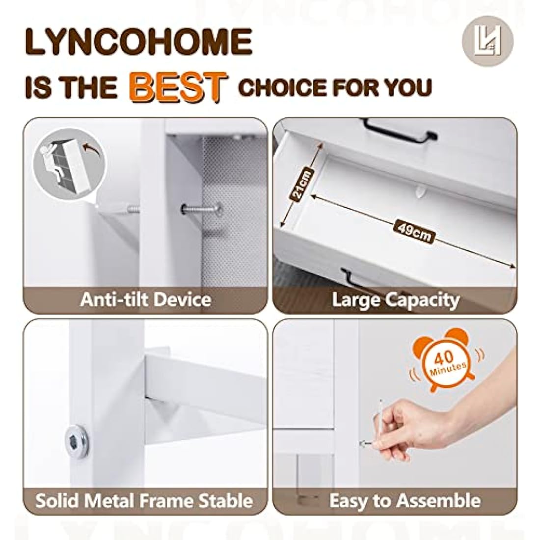 LYNCOHOME Chest of Drawers, TV Unit with 6 Drawers, TV Stand Cabinet with Deep and Large Drawers for Living Room，Bedroom, Sitting Room, White,30D x 110W x 82.5H