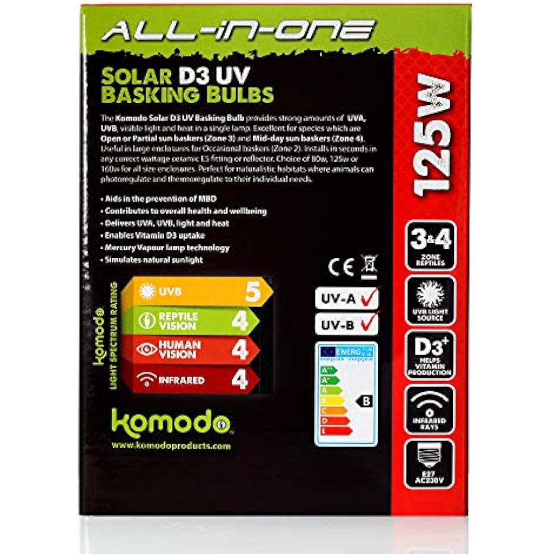 Komodo Solar D3 UV Basking Bulb Heat and Light Bulb for Desert & Tropical Reptile Habitats, Terrarium & Vivarium Lighting 125W