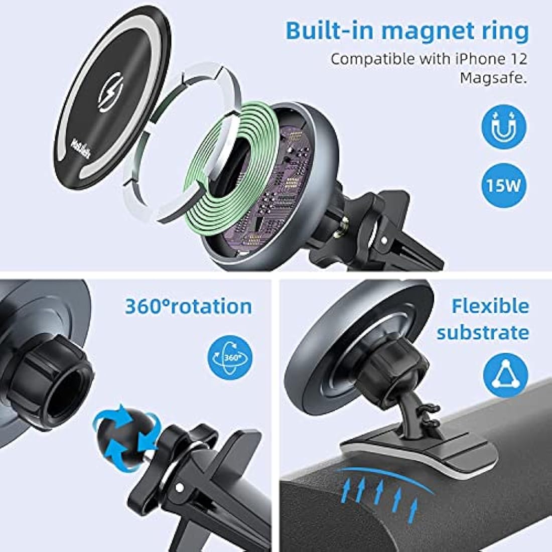 MAGJIEYX for Magsafe Car Mount Charger, 15W Magnetic Wireless Car Charger 360° Rotation Phone Holder Fast Charging for iPhone 16 15 14 13 12 MagSafe Case 2 in 1 Dashboard Air Vent Car Accessories