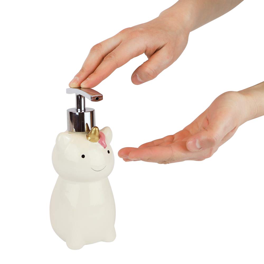 Isaac Jacobs White Ceramic Unicorn, Liquid Soap Pump/Lotion Dispenser with Chrome Metal Pump (Holds Up to 12 Oz) – Great for Bathroom