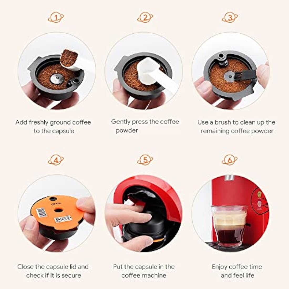 Tassi mo Refillable Pods 200+220ML+Extra Silicone LIDS 60+180ML, Reusable Tassi mo Coffee Pods for Bosch Machine, BENFUCHEN Reusable Tassi mo Pods with A Stainless Steel Coffee Tamper, Orange