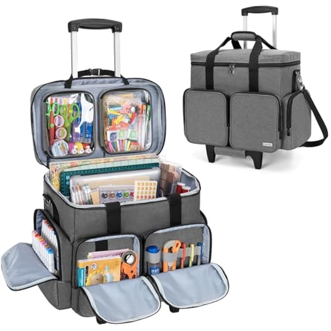 CURMIO Rolling Scrapbook Tote with Padded Laptop Sleeve, Wheeled Scrapbook Supplies Storage Bag with Detachable Trolley and Bottom Wooden Board, Rolling Craft Bag for Scrapbooking Supplies, Grey
