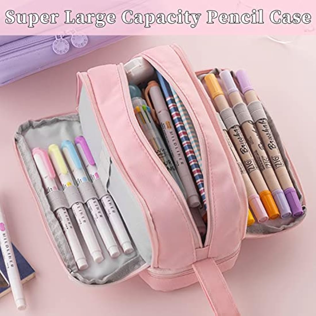 Tesmien Pencil Case, Large Pencil Case with 4 Compartments Stationery Organizer for Boys and Girls, Aesthetic Pencil Bag Suitable for Kids Teenagers Students Women Men, Pink