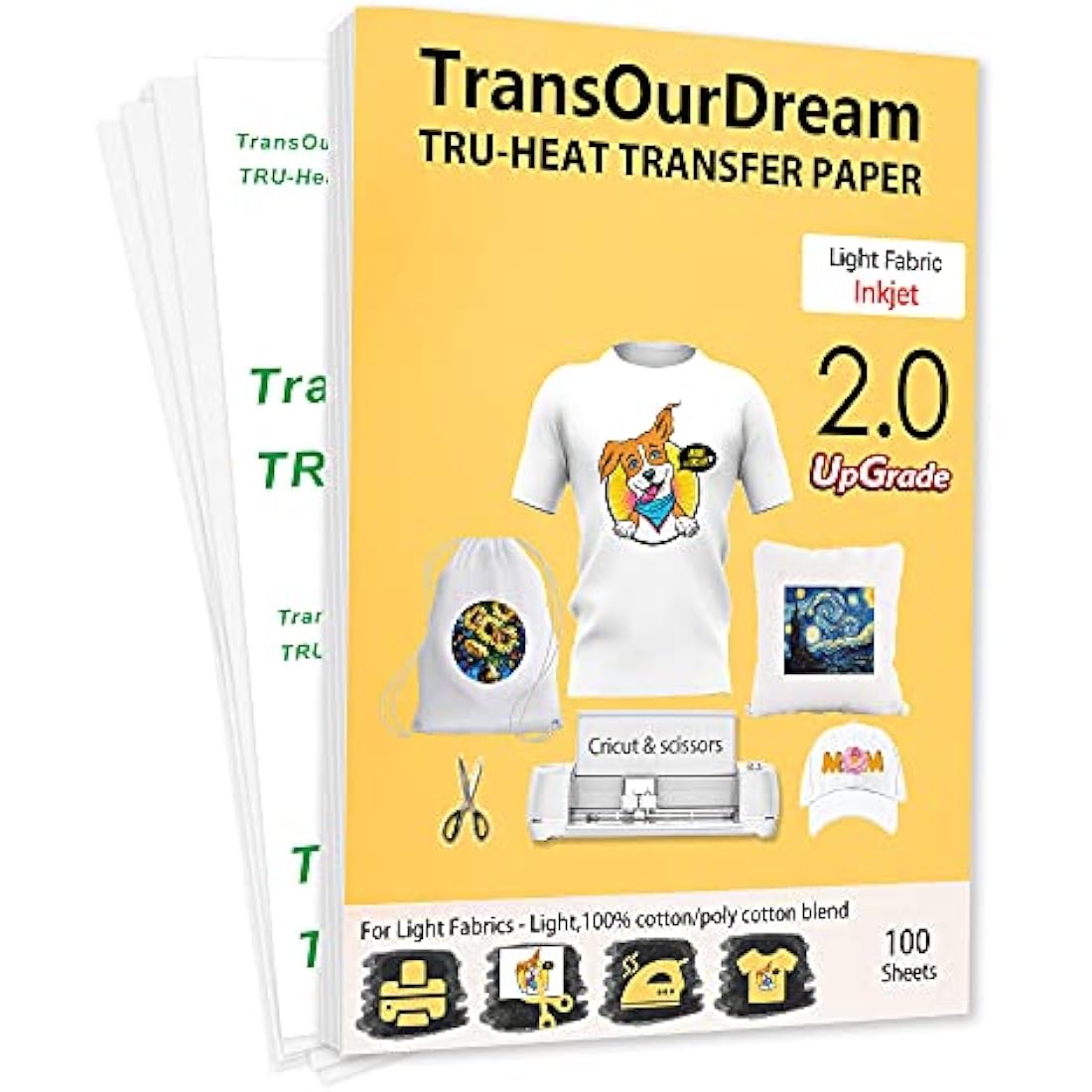 TransOurDream Tru-Transfer Paper - 100 Sheets A4 Inkjet Heat Transfer Paper Iron On Transfer Paper 2.0 for White and Light T Shirts Fabrics NO Mirror Print,Easy to Use (TRANS-2-100)