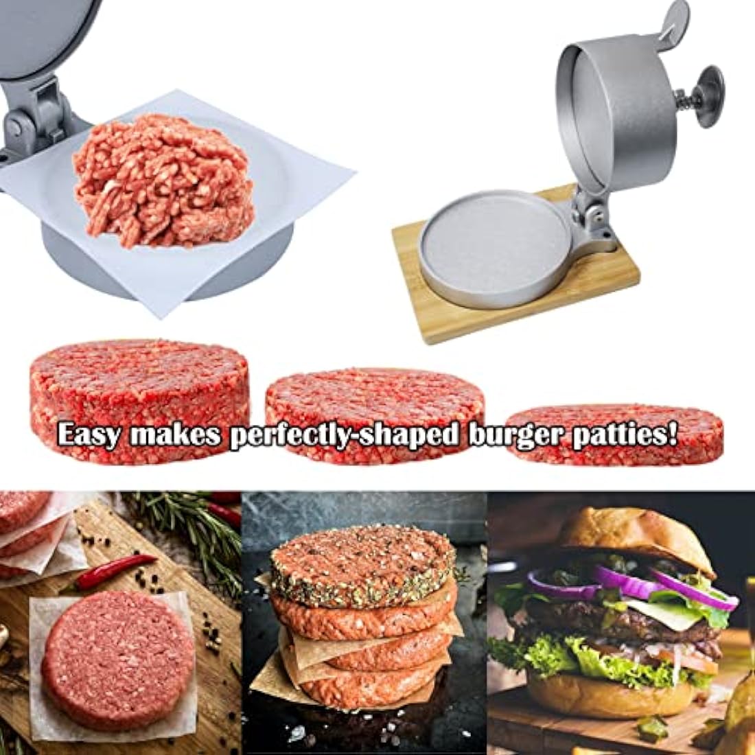 laffeya Hamburger Press Patty Maker, Patty Press & Wood Stand, Patty Makers, Adjustable Spring Burger Press, Push Plunger Hamburger Press (Spring Burger Press)