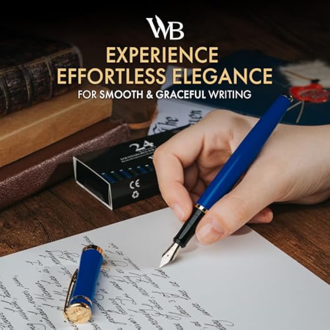 Wordsworth & Black Fountain Pen Set, 18K Gilded Fine Nib, Includes 24 Pack Ink Cartridges, Ink Refill Converter & Gift Box, Gold Finish, Calligraphy, [Imperial Blue], Perfect for Men & Women