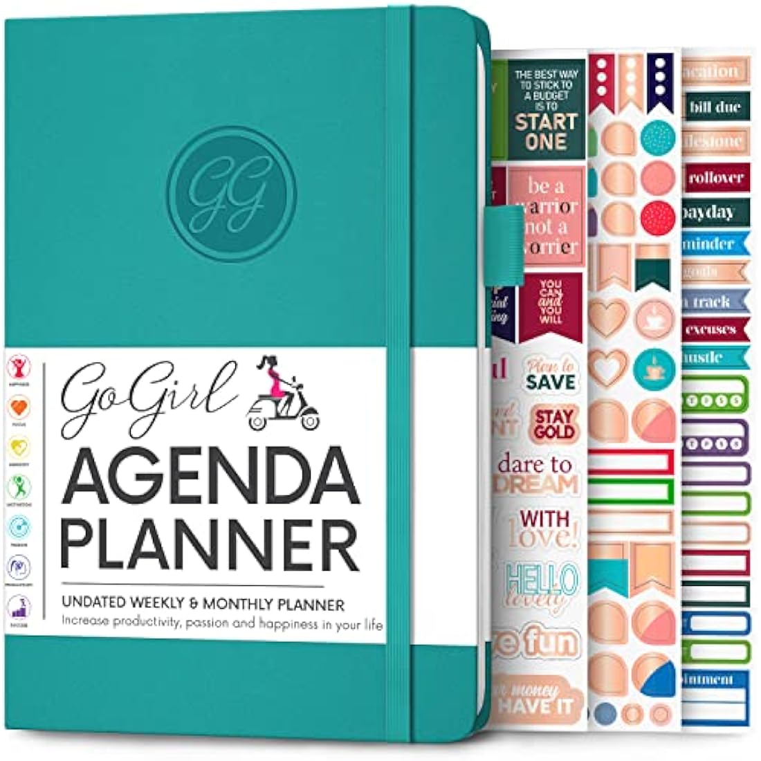 GoGirl Planner Agenda – Colorful Undated Monthly & Weekly Organizer for Women, Journal for Time Management & Productivity (Turquoise)