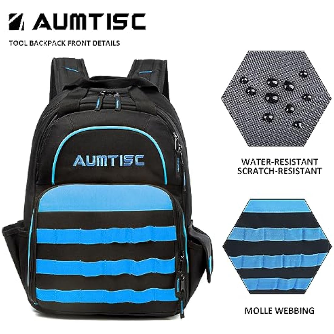 AUMTISC Electrician Tool Backpack,Heavy Duty Durable Tool Bag,Technician Tool Storage with Multi-Pockets Storage Organiser,16in x 11in x 9in,Blue