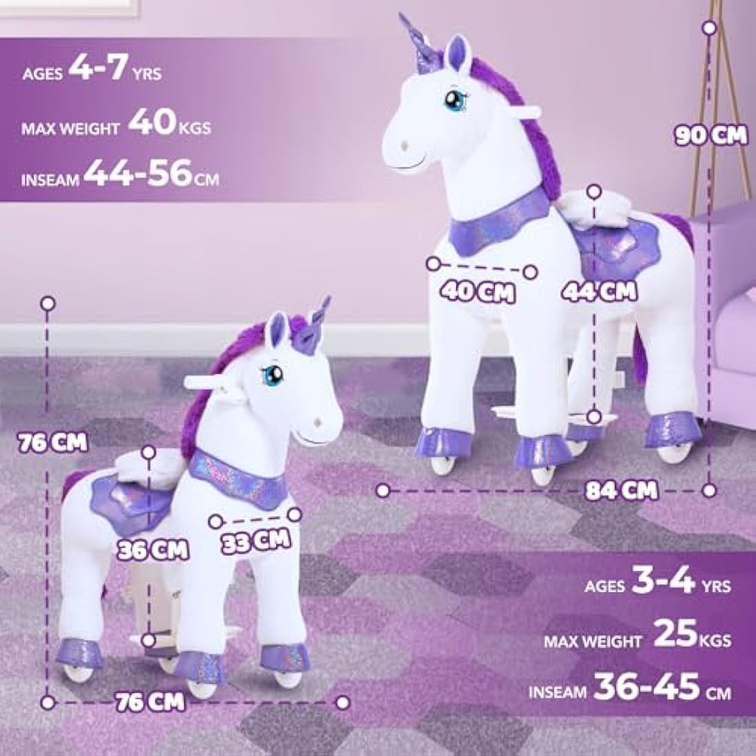PonyCycle Essential Model E Ride on Unicorn Kids Scooter with Brake (Purple/Size 3 for Age 3-4) Pony Cycle Toddler Rocking Unicorn Mechanical Riding Toy - E313
