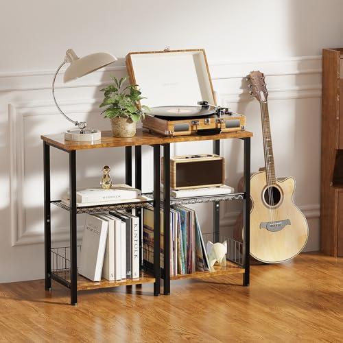 iDavosic.ly 3-Tier Side Table Set of 2, Industrial End Table Nightstand Small Table, Retro Bedside Table Cabinet Organizer for Living Room, Bedroom,