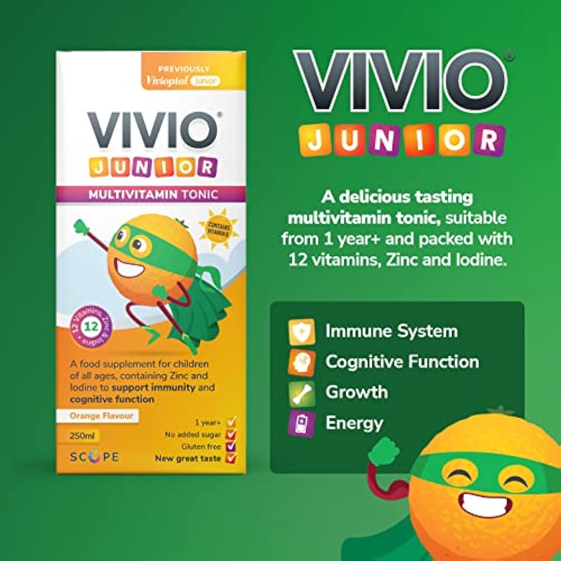 VIVIO Junior Multivitamin Tonic for Kids – 12 Added Vitamins Plus Zinc & Iodine to Support Your Child’s Immunity & Cognitive Function - Orange - 250ml