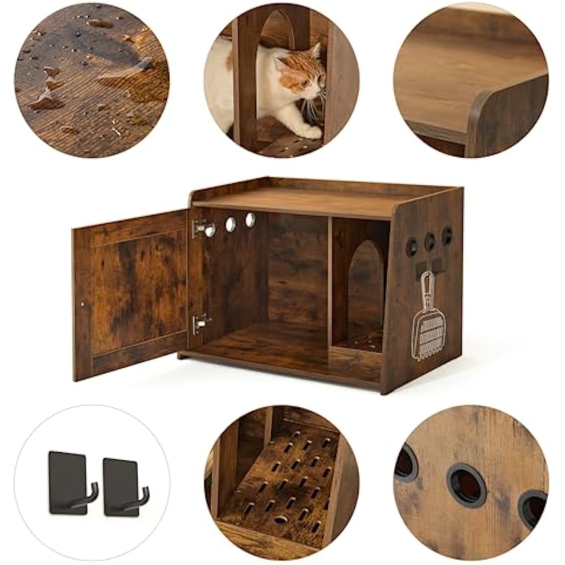 Mondeer Cat Litter Box Enclosure, Wooden Kitty Hidden Washroom Toilet with Door and Holes, Industrial Indoor Cat Houses for Living Room Bedroom Hallway, Rustic Brown