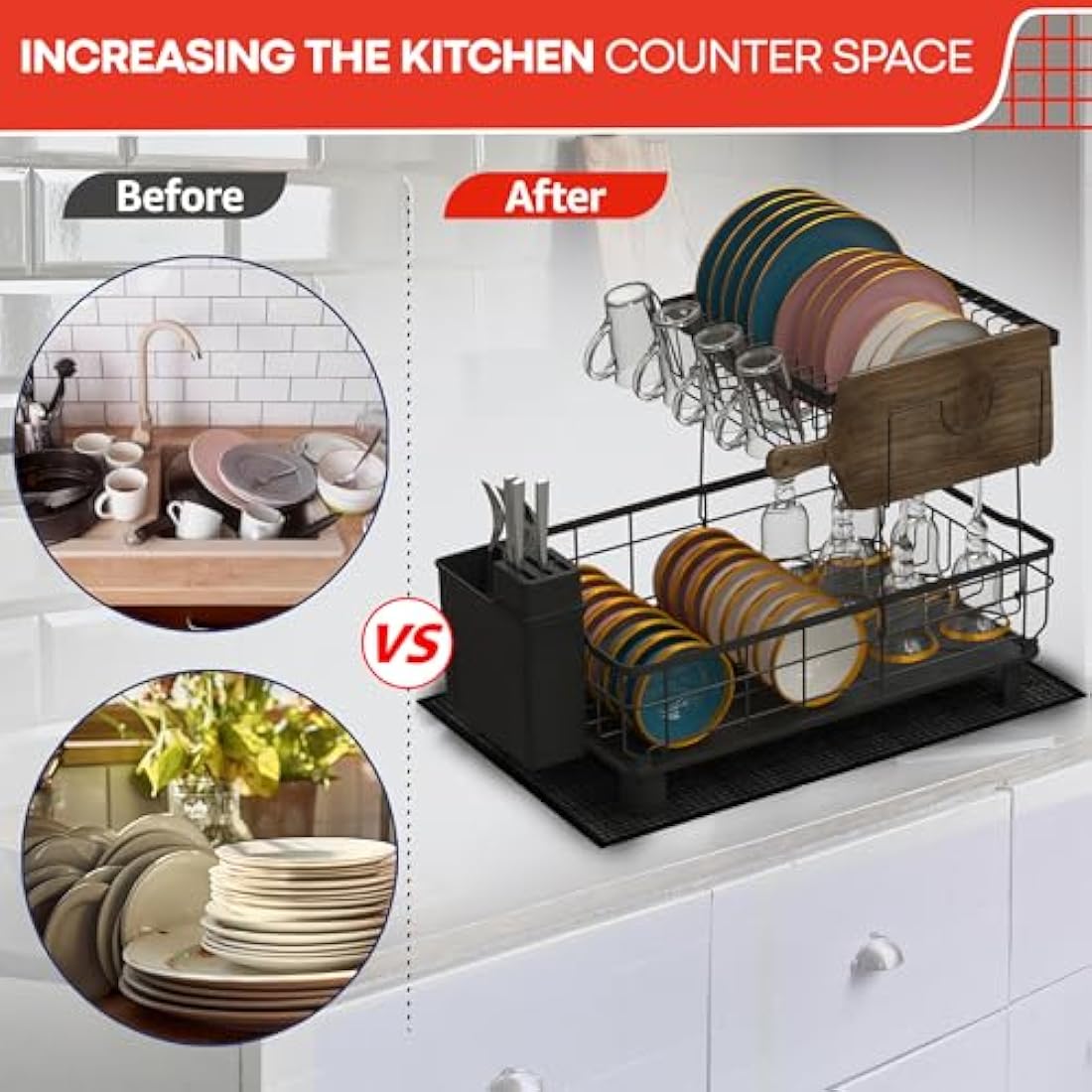 RebelEver Dish Drainer Rack - Draining Board Rack - Sink Drainer Rack - Plate Rack - Driying Rack Kitchen - Dish Drying Rack with Drainage Pipe to the Sink - Drying Mat included (2 Tier)