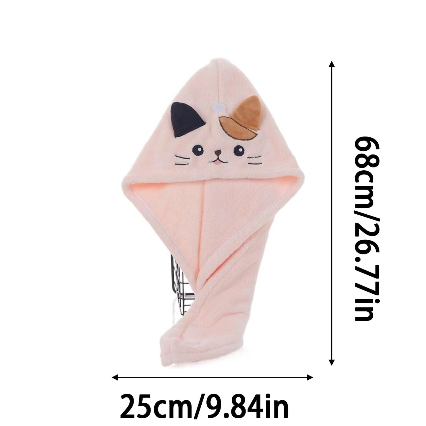 hankousi 1Pcs Microfibre Hair Turban, Quick Dry Adjustable Button and Elastic Strap Drying Towel with Cute Cat Design Pink Coral Fleece Wrap for
