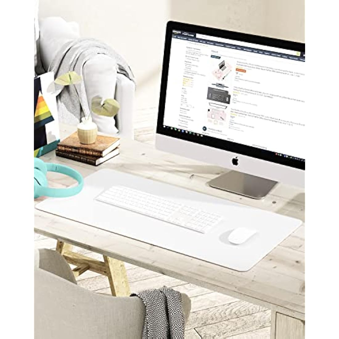YSAGi Non-Slip Desk Pad, Waterproof PVC Leather Desk Table Protector, Ultra Thin Large Mouse Pad, Easy Clean Laptop Desk Writing Mat for Office Work/Home/Decor (80 x 40 cm, White)