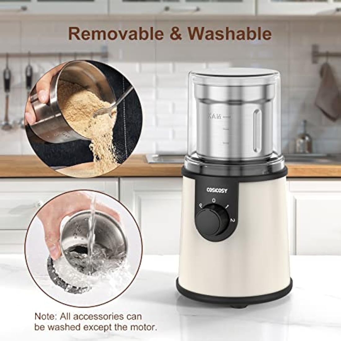 COSICOSY Electric Spice Grinder with 304 Stainless Steel Blades, Removable Bowls, 350W Motor Coffee Bean Machine with Spoon Brush for Beans, Nuts, Pepper, Beige