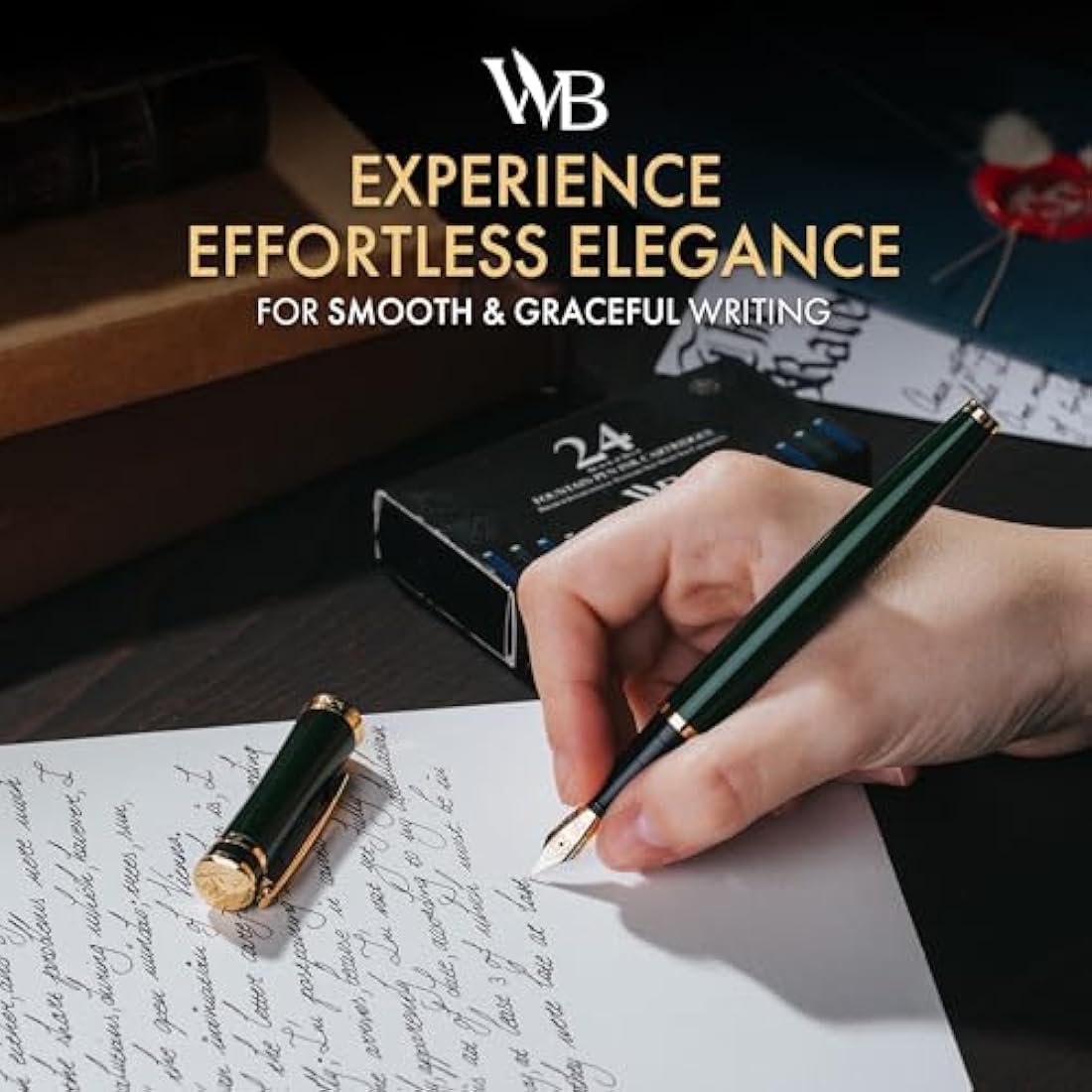 Wordsworth & Black Fountain Pen Set, Medium Nib, Includes 24 Ink Cartridges and Ink Refill Converter, Gift Case, Journaling, Calligraphy, Smooth Writing Pens [Racing Green], Perfect for Men and Women