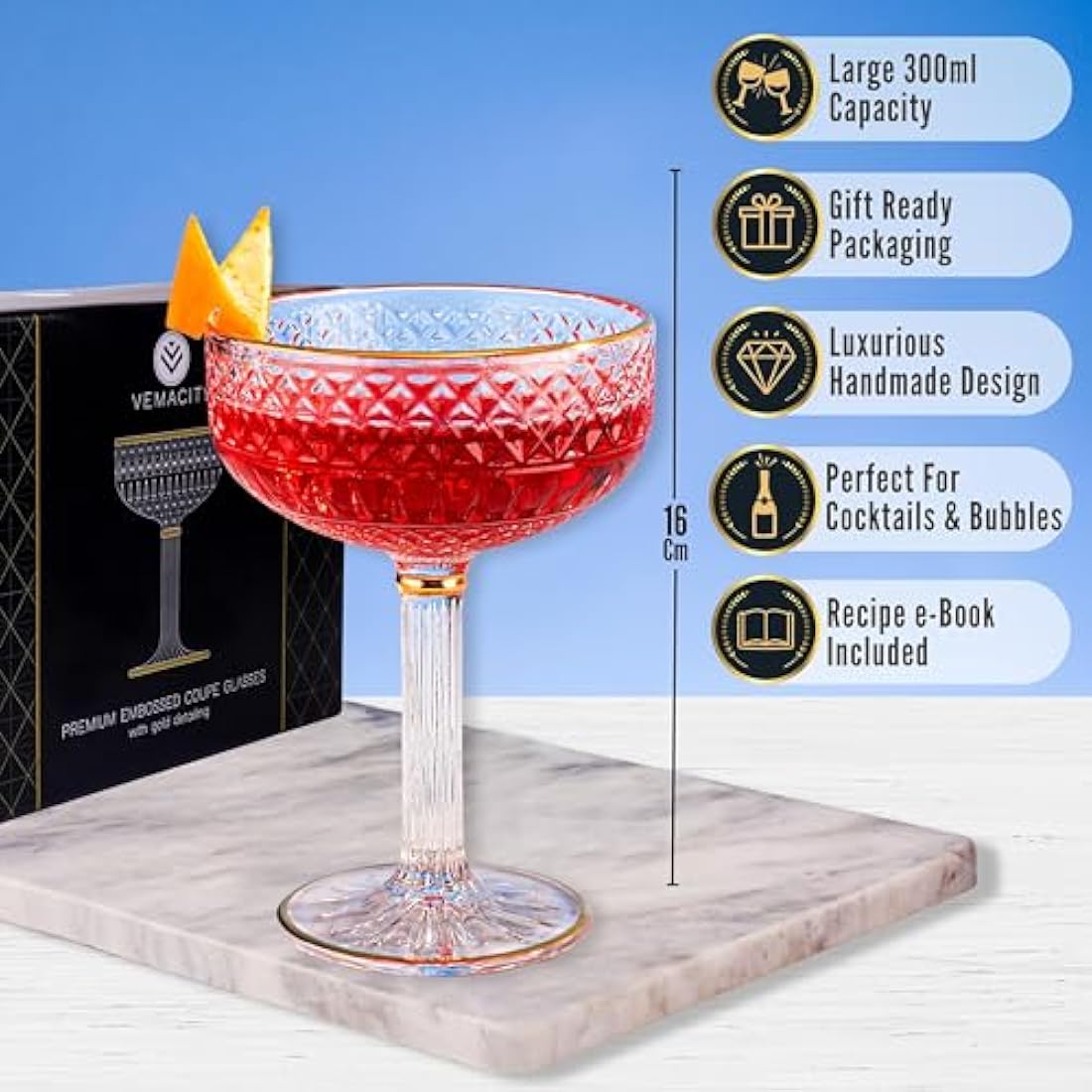 Art Deco Espresso Martini Glasses with Gold Rims| Coupe Cocktail Glasses Set of 2 | Handmade Crystal | Quality Champagne Coupe/Champagne Saucers + Recipe PDF| Large Cocktail Glass | Serve Mocktails