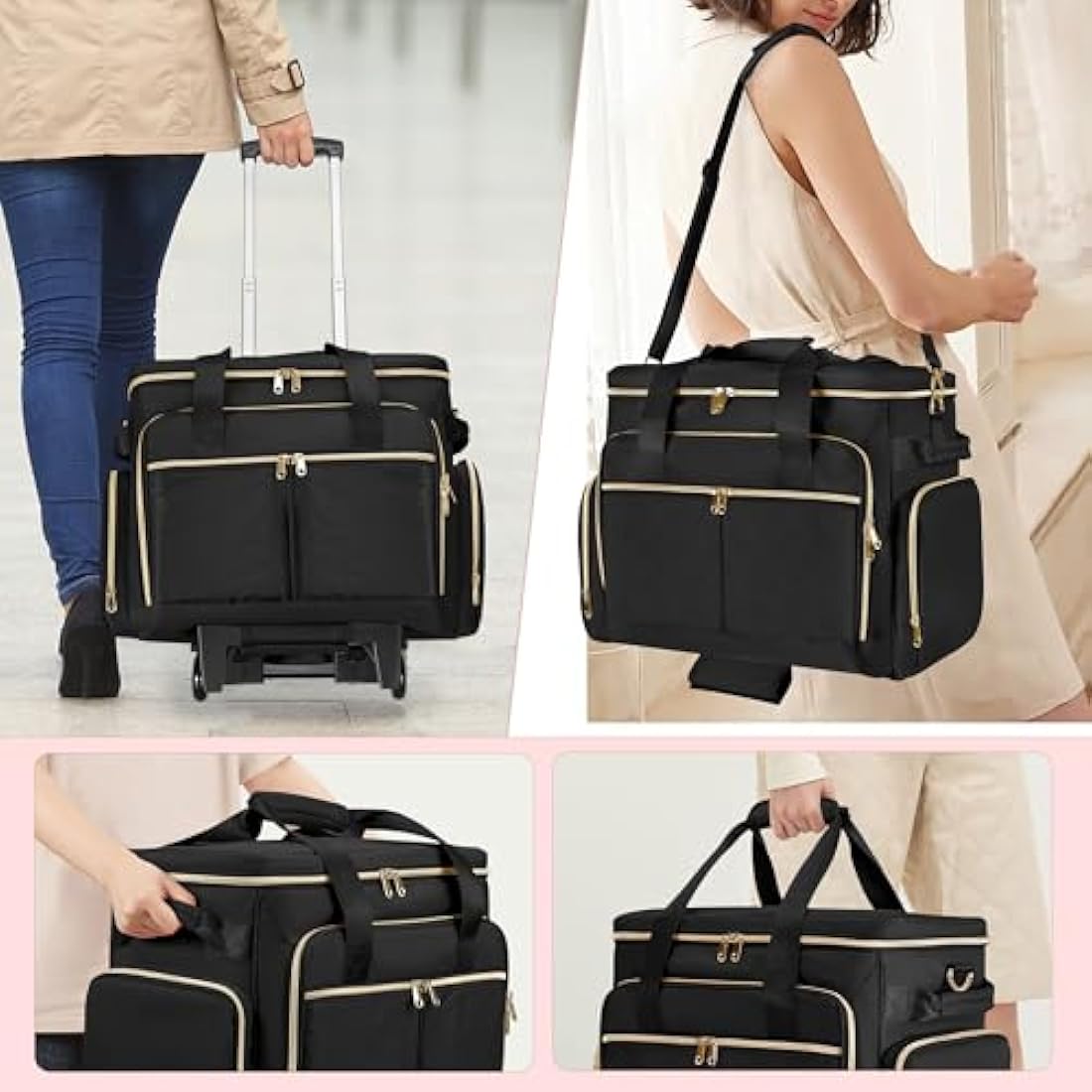 Prokva Rolling Teacher Bag with Wheels, Detachable Trolley, Fits 15.6” Laptop & Supplies, Black Patent Design