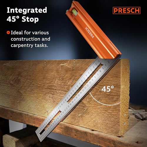 Presch Try Square 350 mm | Medium | Includes rust-free marking gauge (35cm), level bubble & marking pin | 90° & 45° | Carpenters square, Precision Square, Joiners Square, Engineers Square