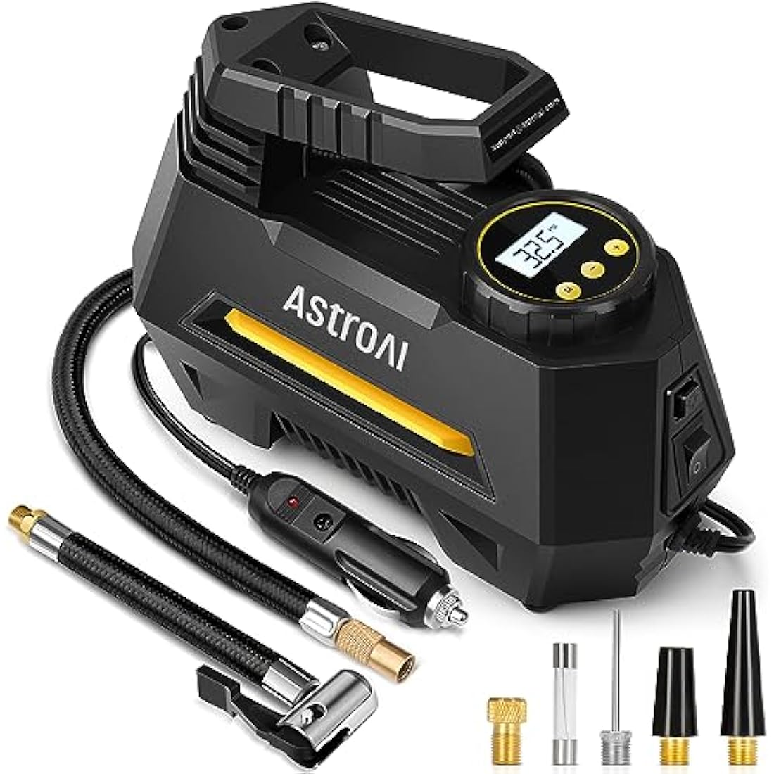 AstroAI Tyre Inflator Air Compressor 12V DC, 35LPM 100W Powerful Portable Car Tyre Pump Auto-Stop with Digital Pressure Gauge, 4 Valve Adaptors and LED Light, Car Accessories